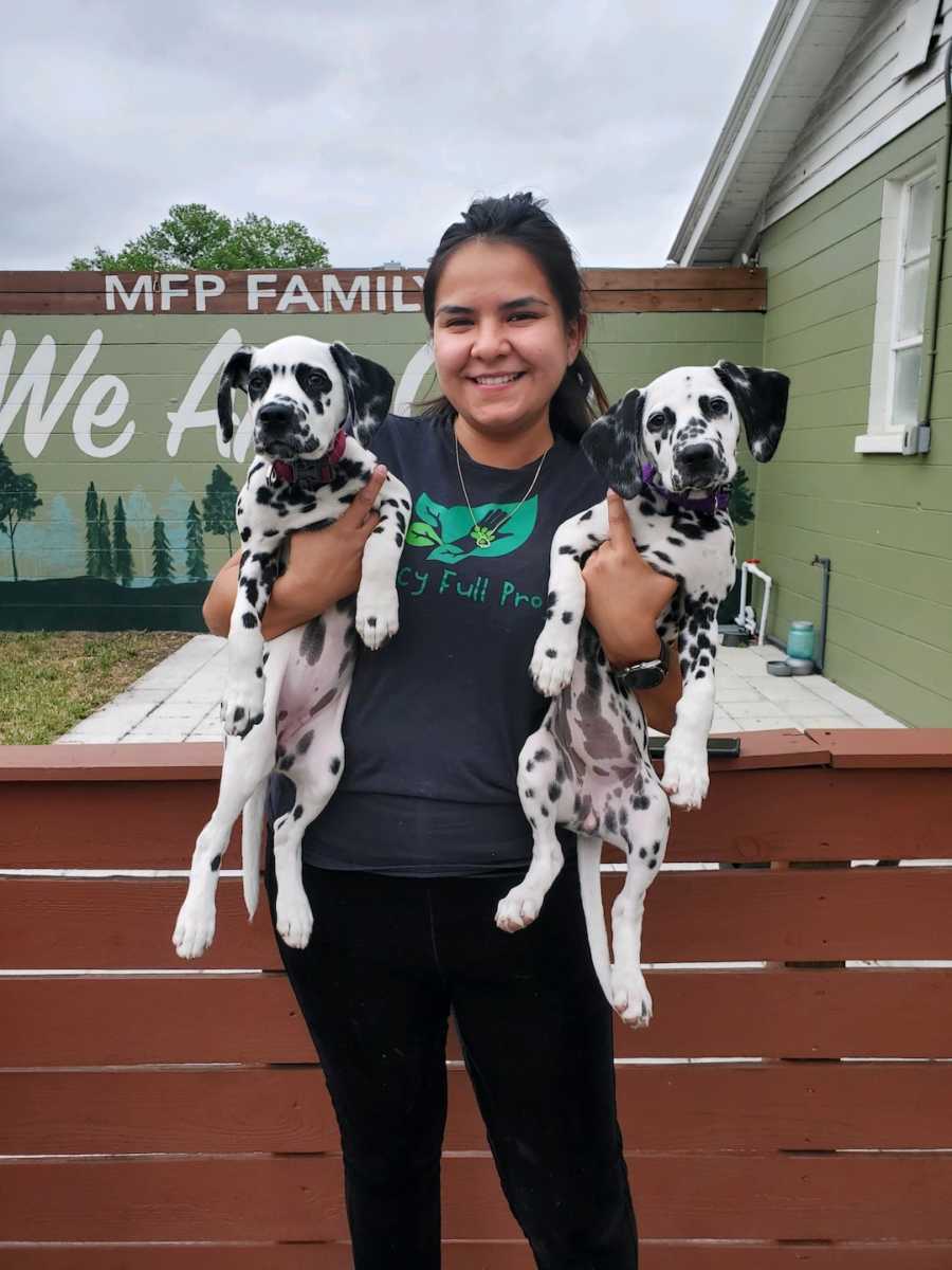 smiling girl holding two Dalmatian dogs