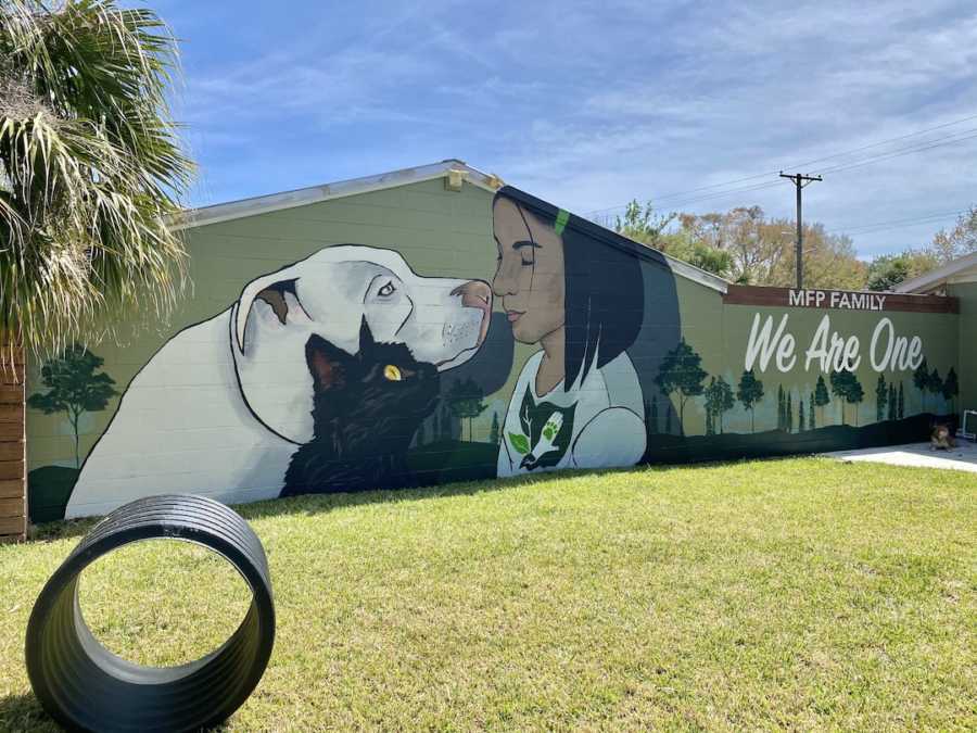 building with a painting of a girl, dog, and cat