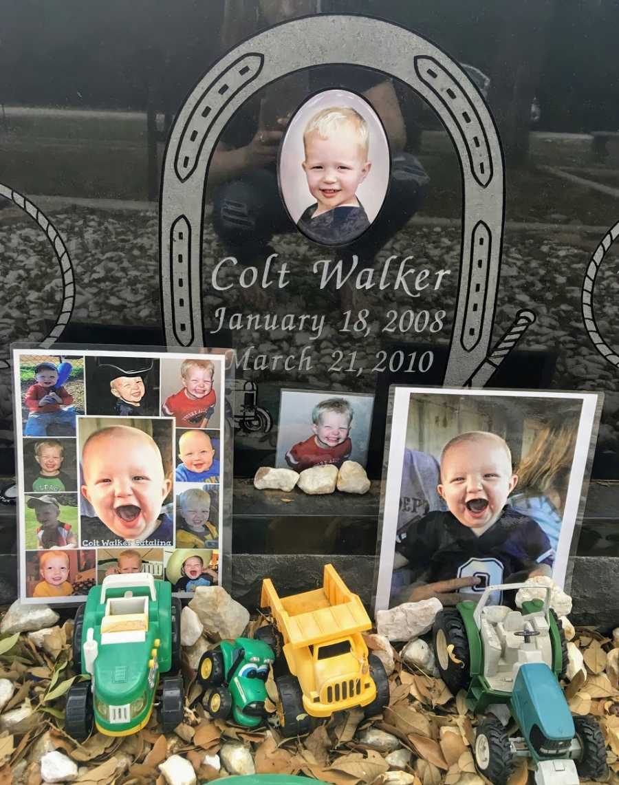 A memorial for a drowning victim featuring pictures and toys