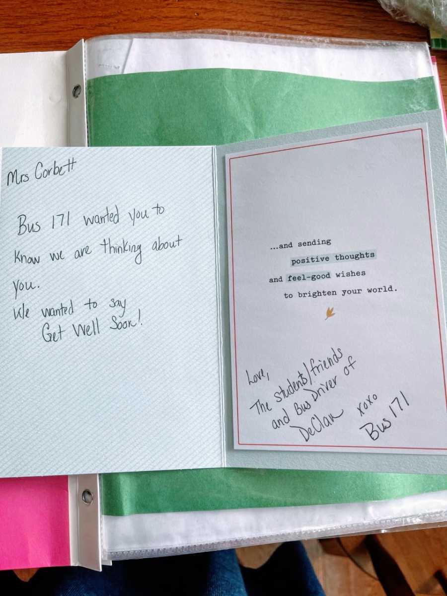 A get well soon card to a woman battling cancer from her son's bus driver