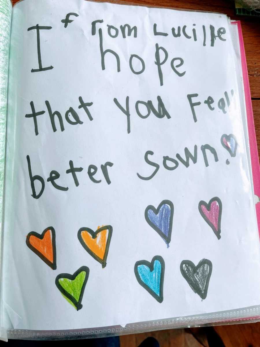 A get well note from a elementary schooler that says 'I hope that you feel better soon!'