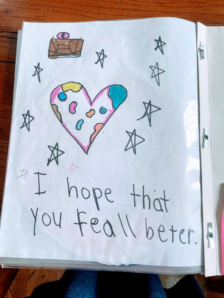 A get well note that says 'I hope that you feel better' from an elementary schooler