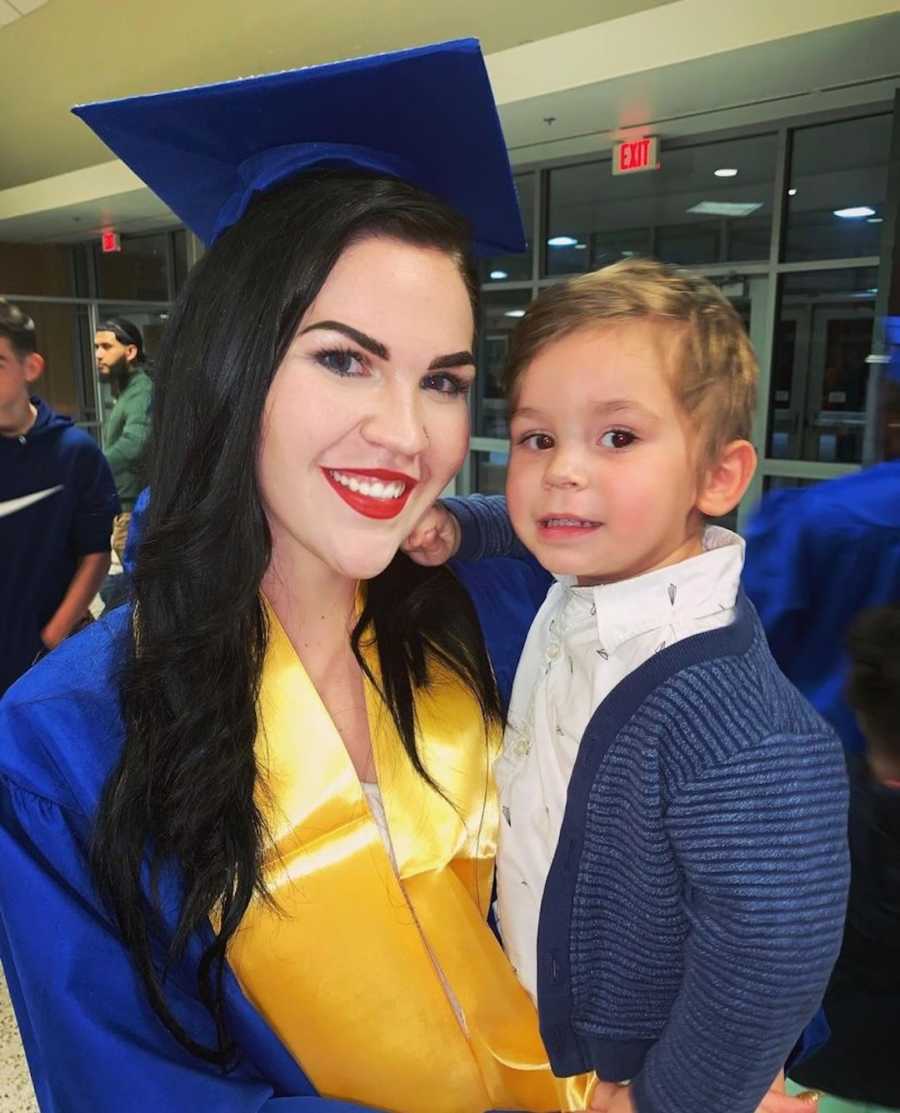 mom in cap and gown with son
