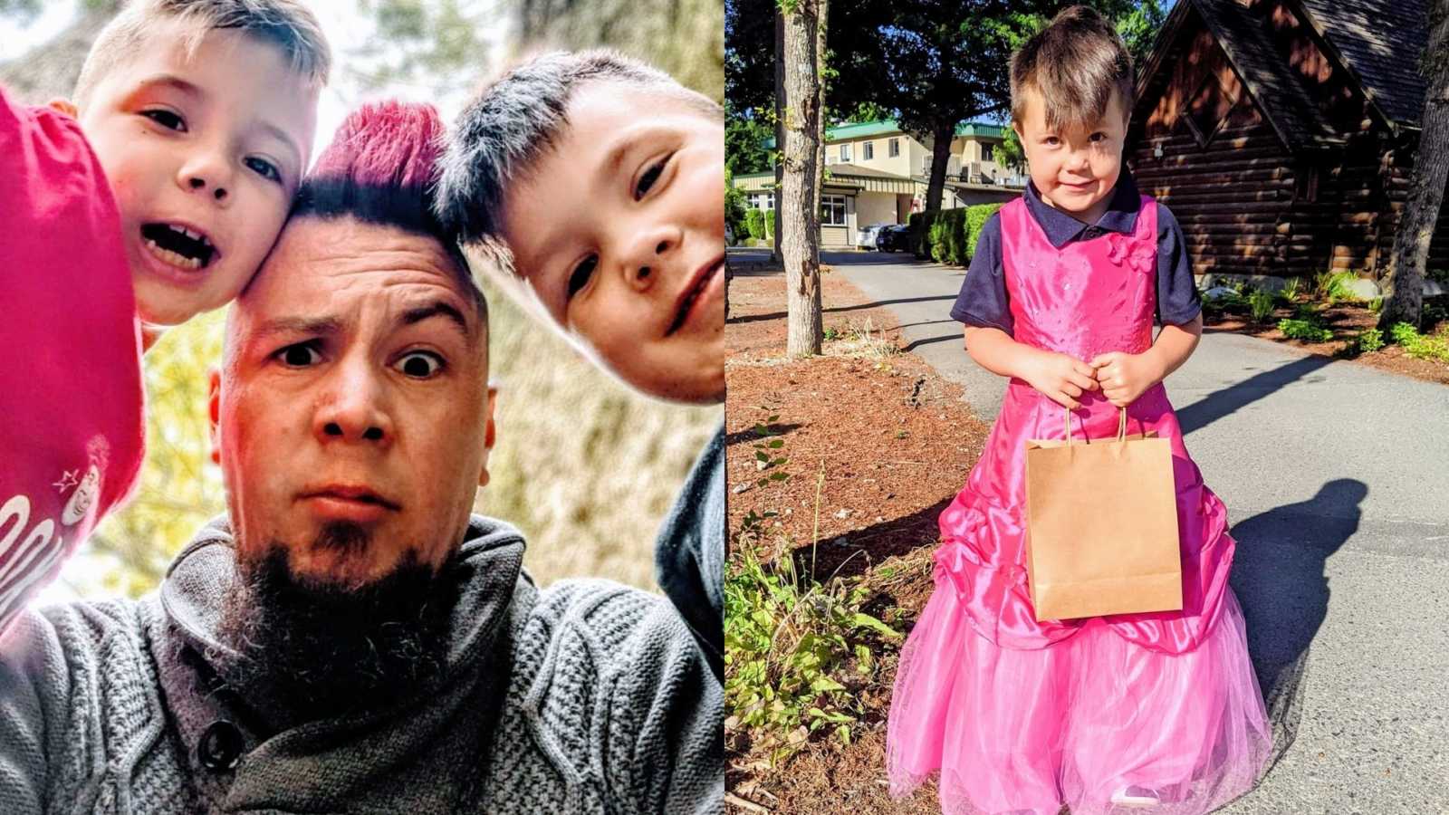 On the left, dad takes a silly selfie with his sons, on the right, one of his sons shyly wears a pink dress