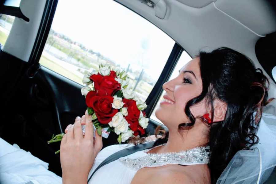 Beautiful woman gets a ride to her wedding reception in full glam