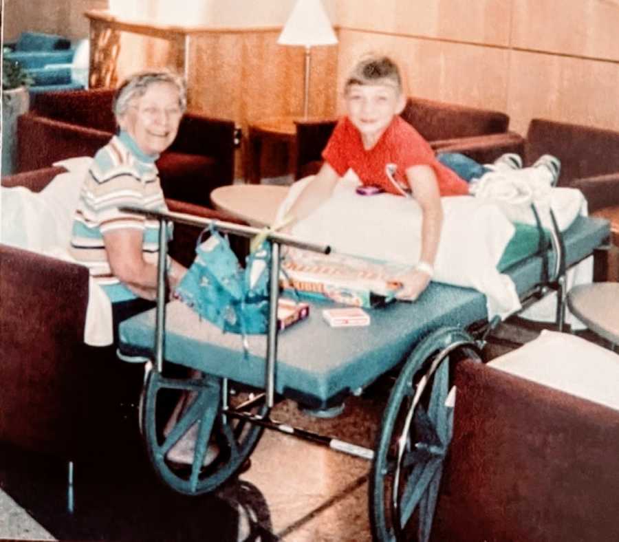 Young boy with cerebral palsy in recovery from surgery spends quality time with his grandma