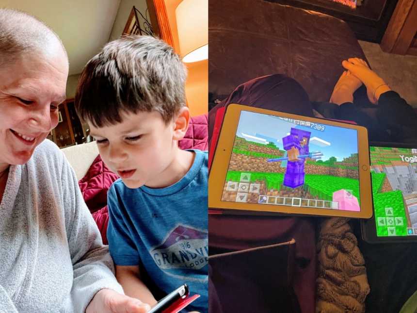 Mom and son play iPad games together while the mom is battling breast cancer