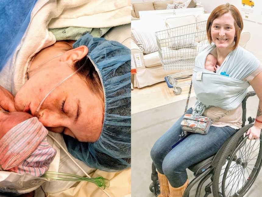 一位残疾母亲在新生儿出生后亲吻他，一位残疾母亲在轮椅上抱着她的婴儿