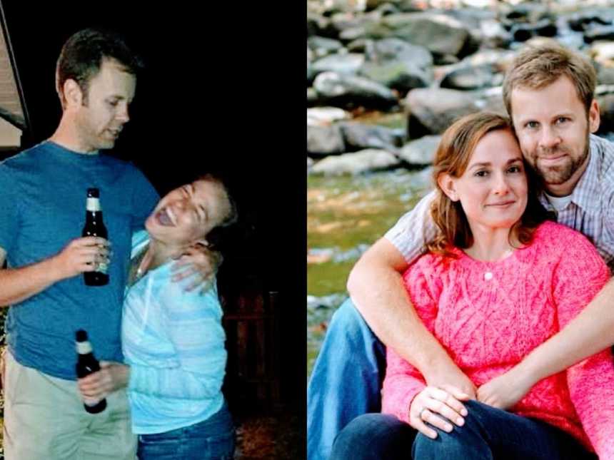 A woman and her husband stand with bottles of beer and a woman and her husband sit by the river