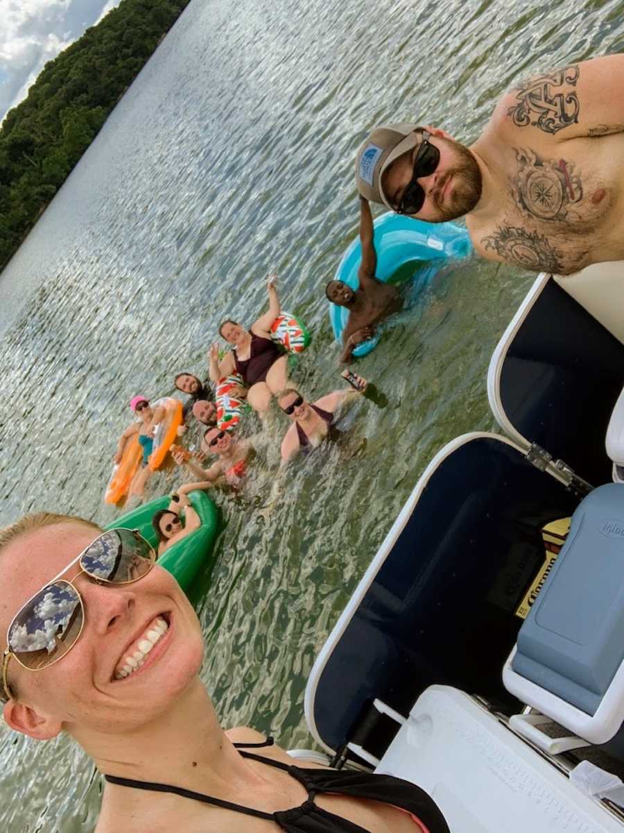 Blended family having lake day