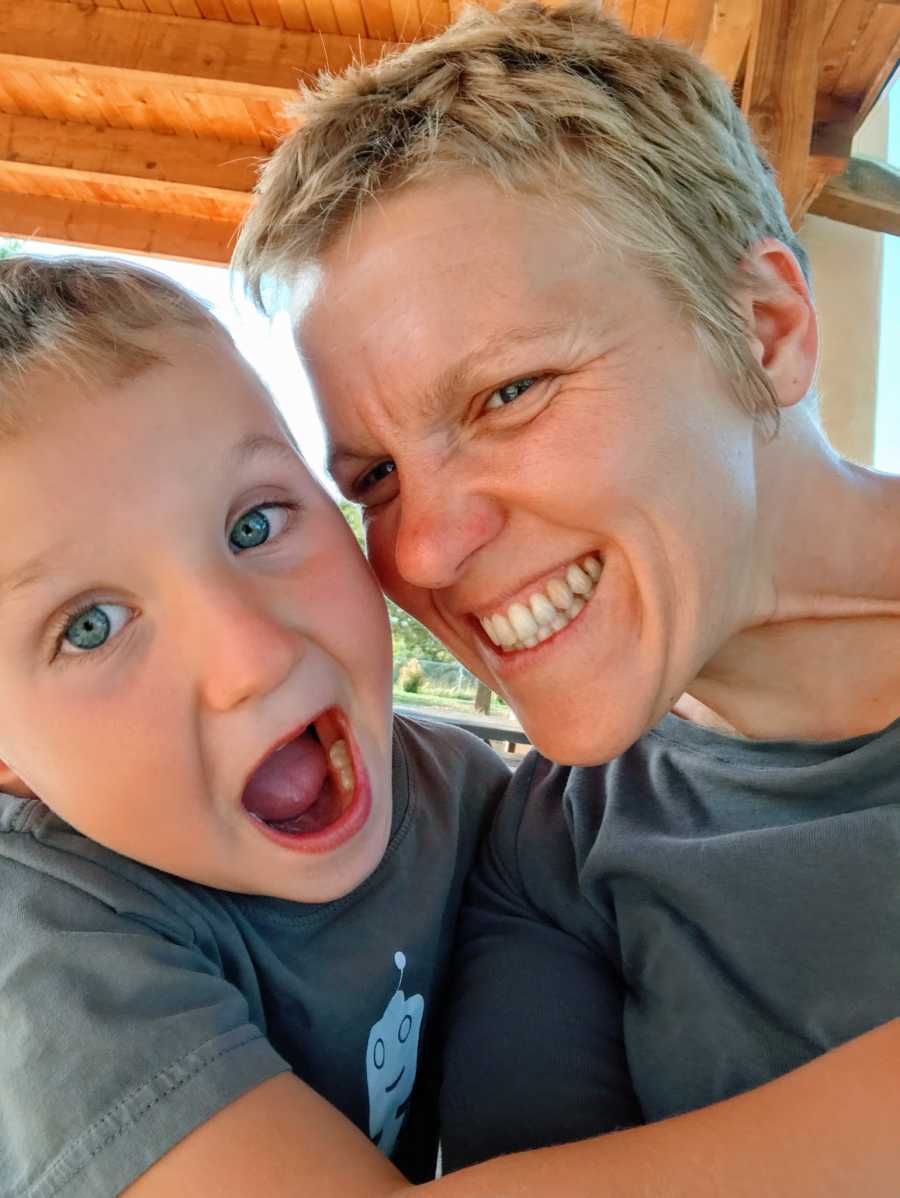 A mom with autism and her son make silly faces