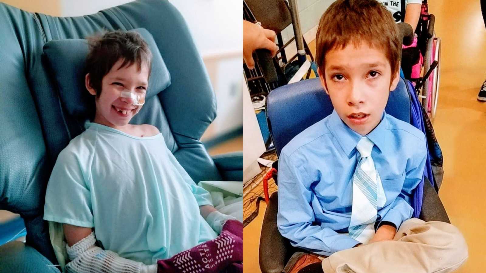 A boy sits in a hospital chair and a boy with a rare disorder sits in a shirt and tie in a wheelchair