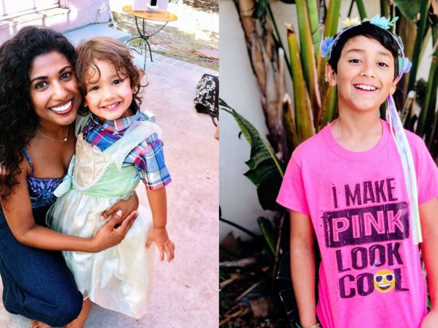 一个穿着公主裙的男孩和他的妈妈还有一个穿着粉红色衬衫戴着花发带的男孩