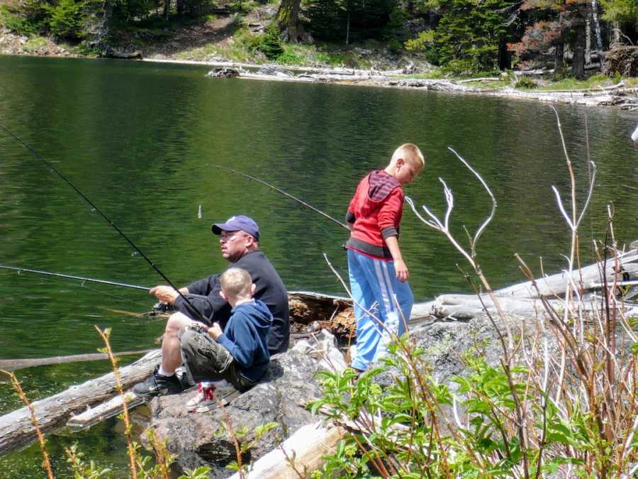 Father fishing at lake with two sons