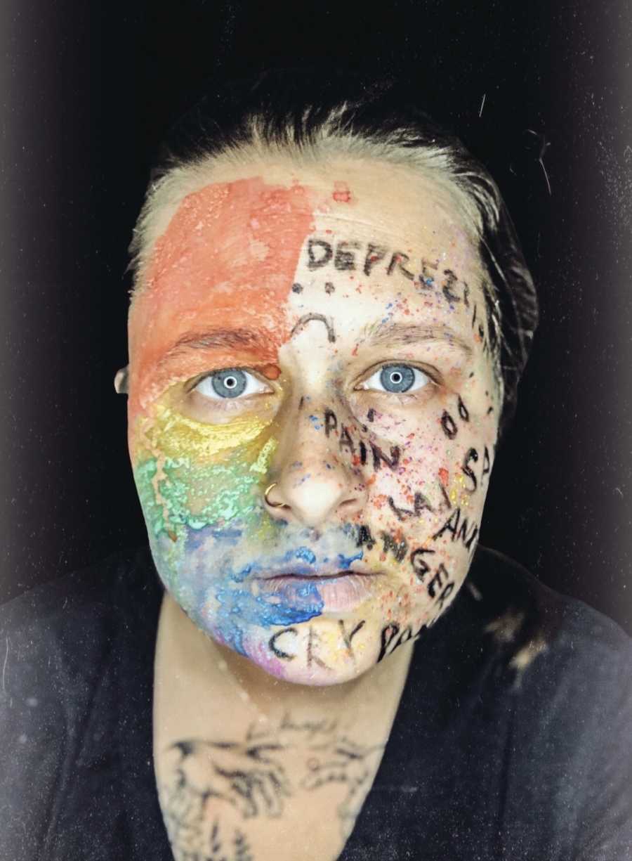 woman with depression written on face