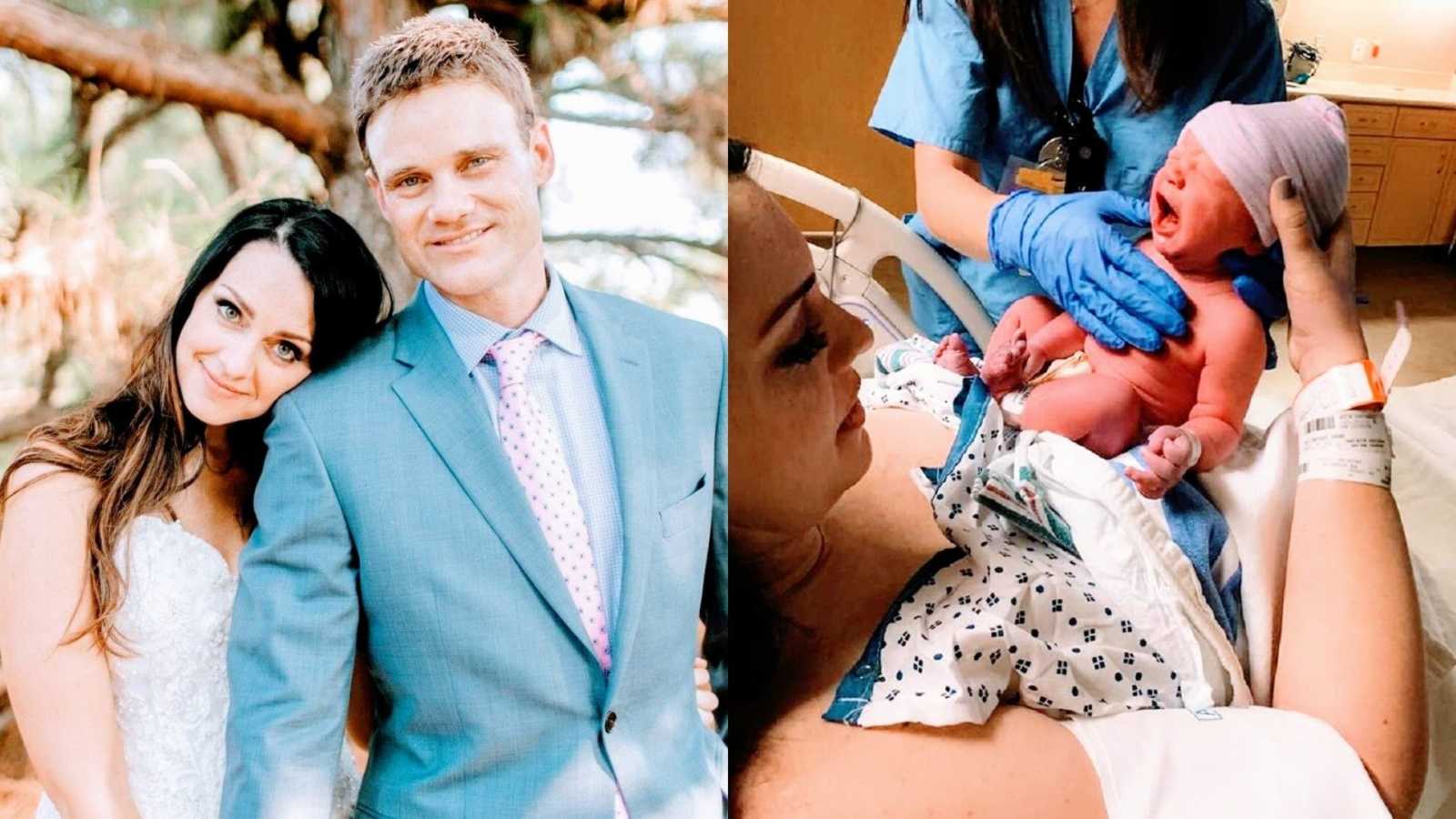 A young couple together on their wedding day and a widow holds her newborn in the hospital