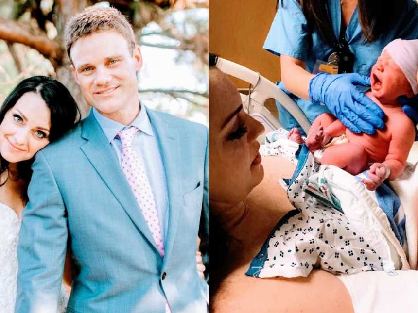 A young couple together on their wedding day and a widow holds her newborn in the hospital