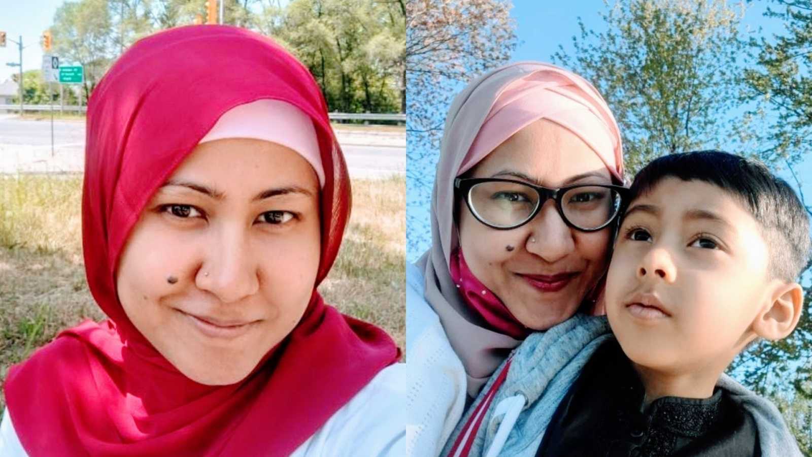 A neurodivergent woman wearing a hijab and a mother wearing a hijab with her autistic son