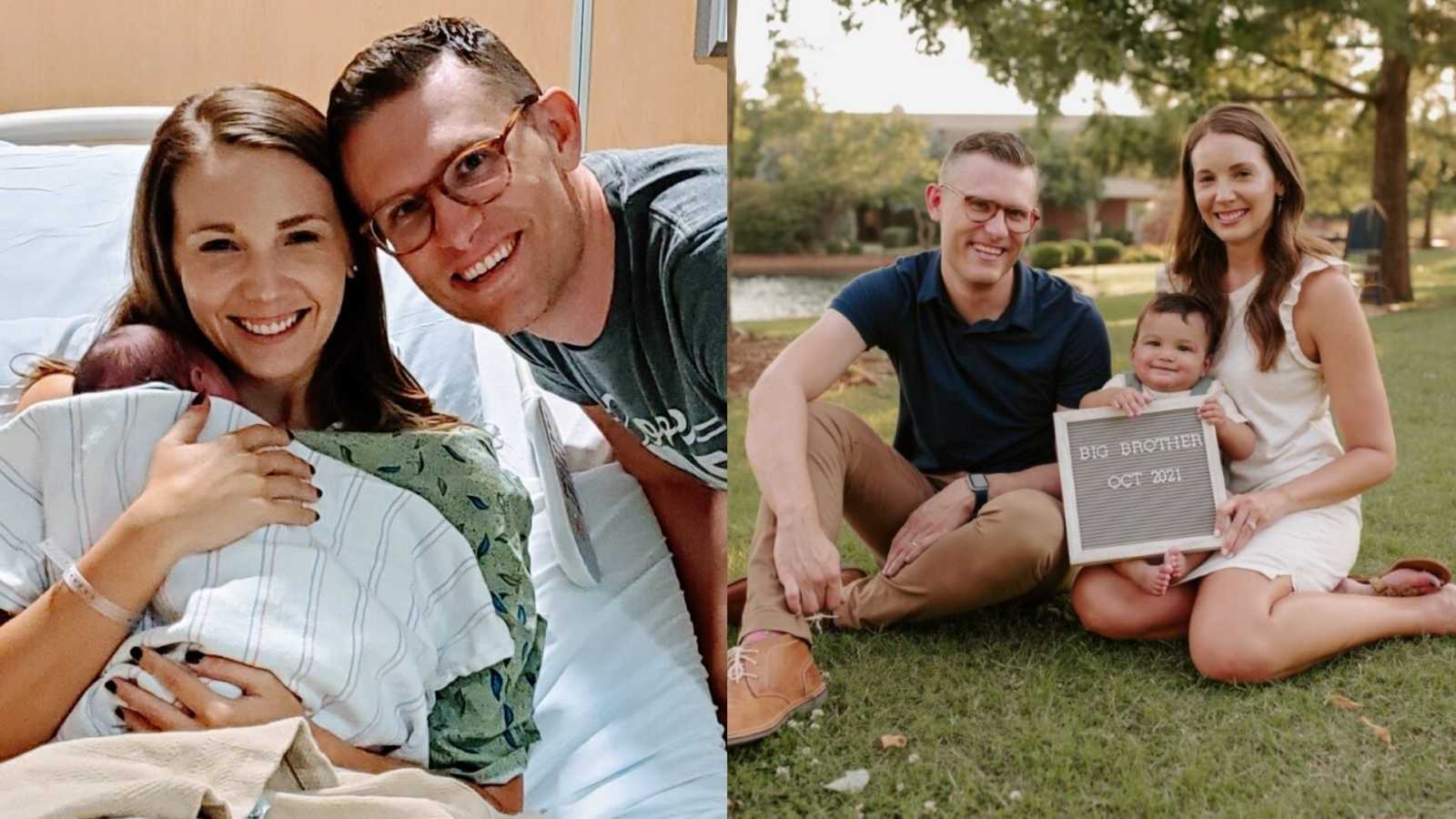 On the left, couple take photo in hospital with their newborn adopted son, on the right, same couple announce they're adopting their son's sibling