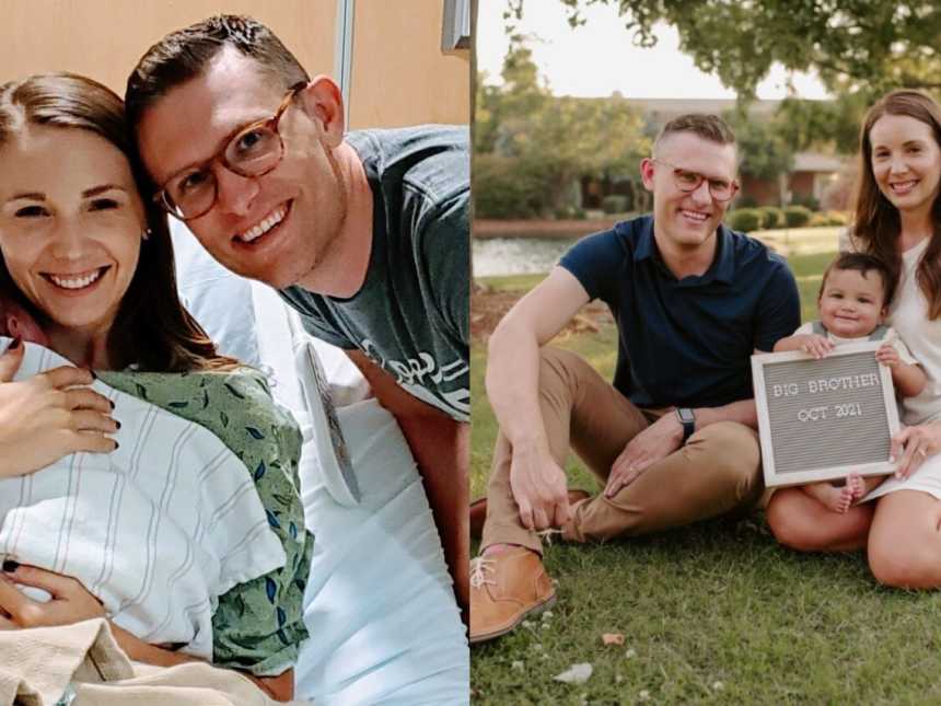 On the left, couple take photo in hospital with their newborn adopted son, on the right, same couple announce they're adopting their son's sibling