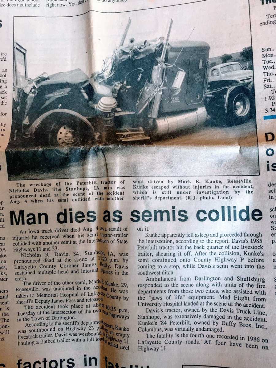 A newspaper clipping of a car accident