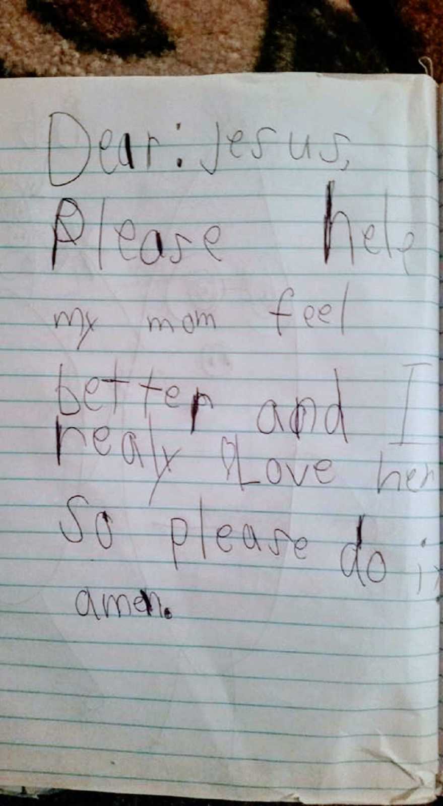一个男孩的手写便条，为他母亲的健康祈祷