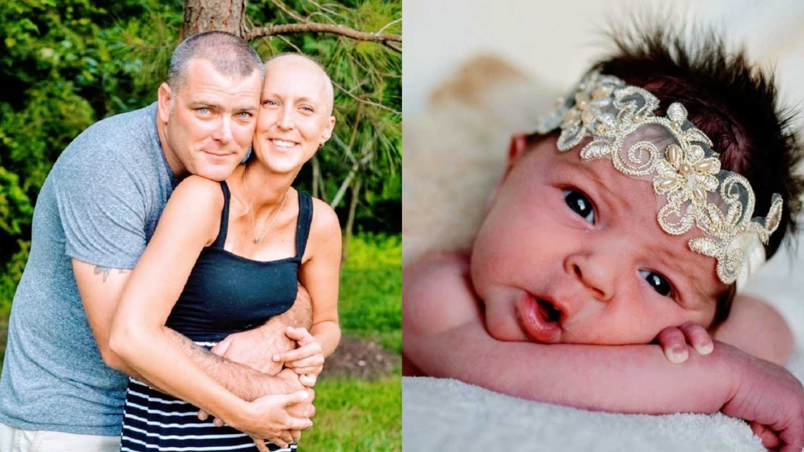 A husband hugs his wife who had cancer and a baby girl lies on her stomach
