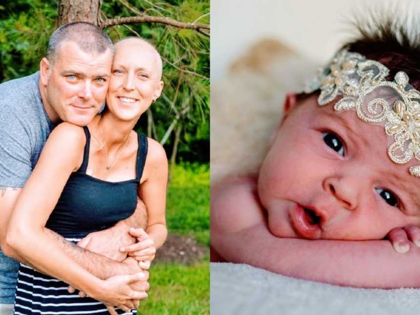 一个丈夫抱着患癌症的妻子，一个女婴趴在地上
