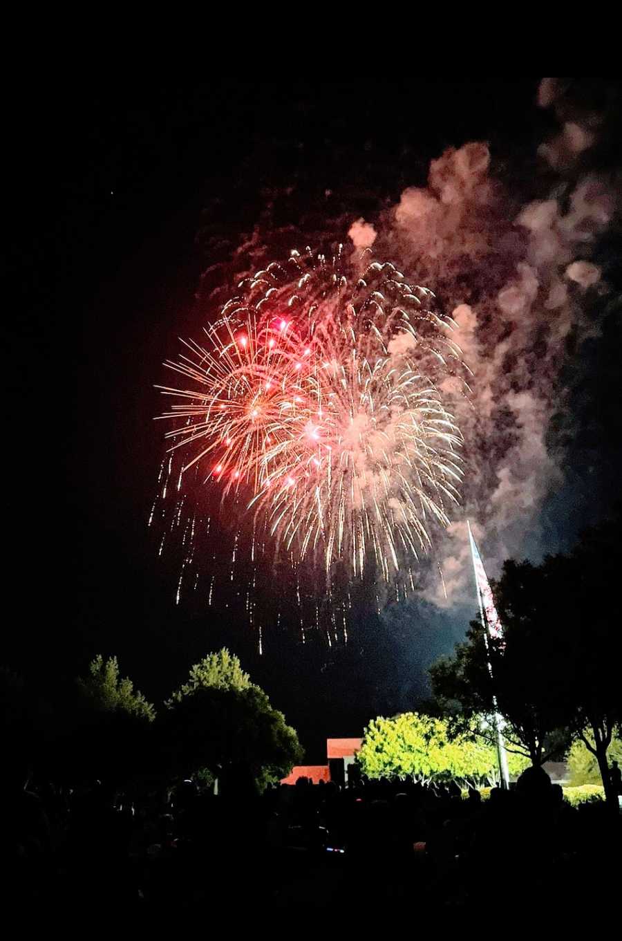 A firework display in a dark night sky over the American flag