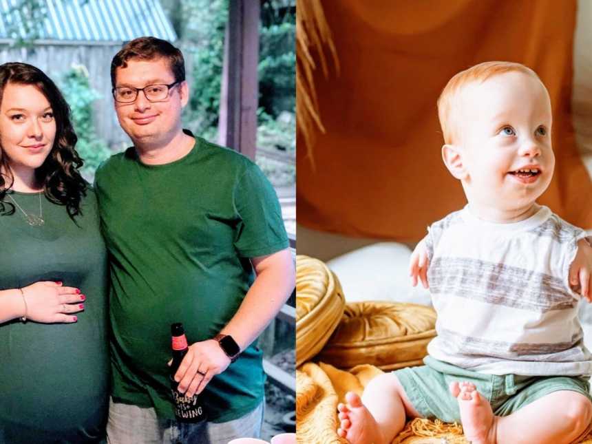一名孕妇和她的丈夫穿着绿色和一个婴儿用辫子综合征穿着镶边衬衫