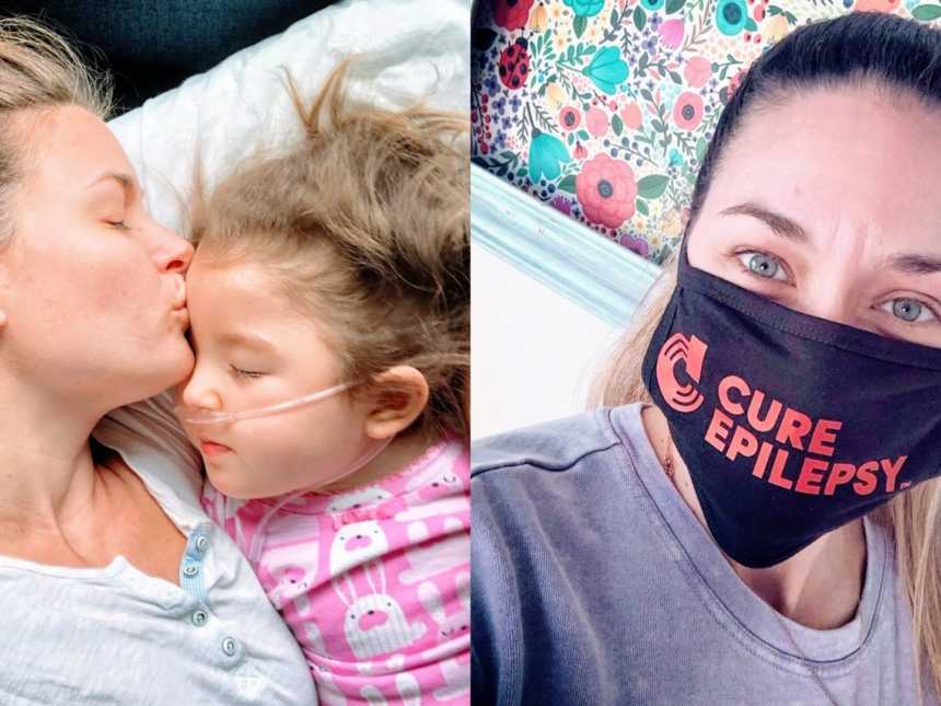 A mother kisses her daughter on the forehead and a woman wears a CURE Epilepsy mask