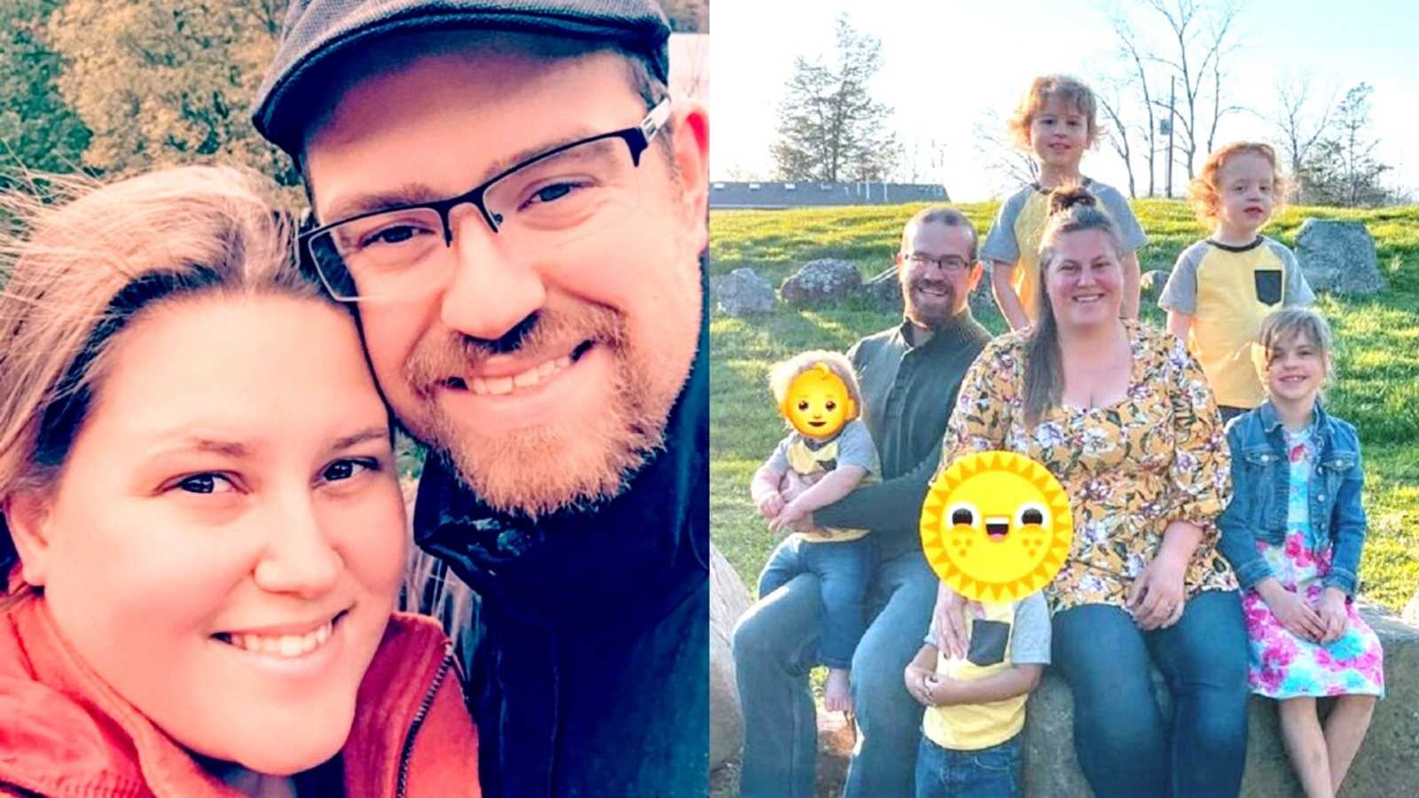A mom and her husband stand together outdoors and foster parents sit with their 3 kids and 2 foster kids