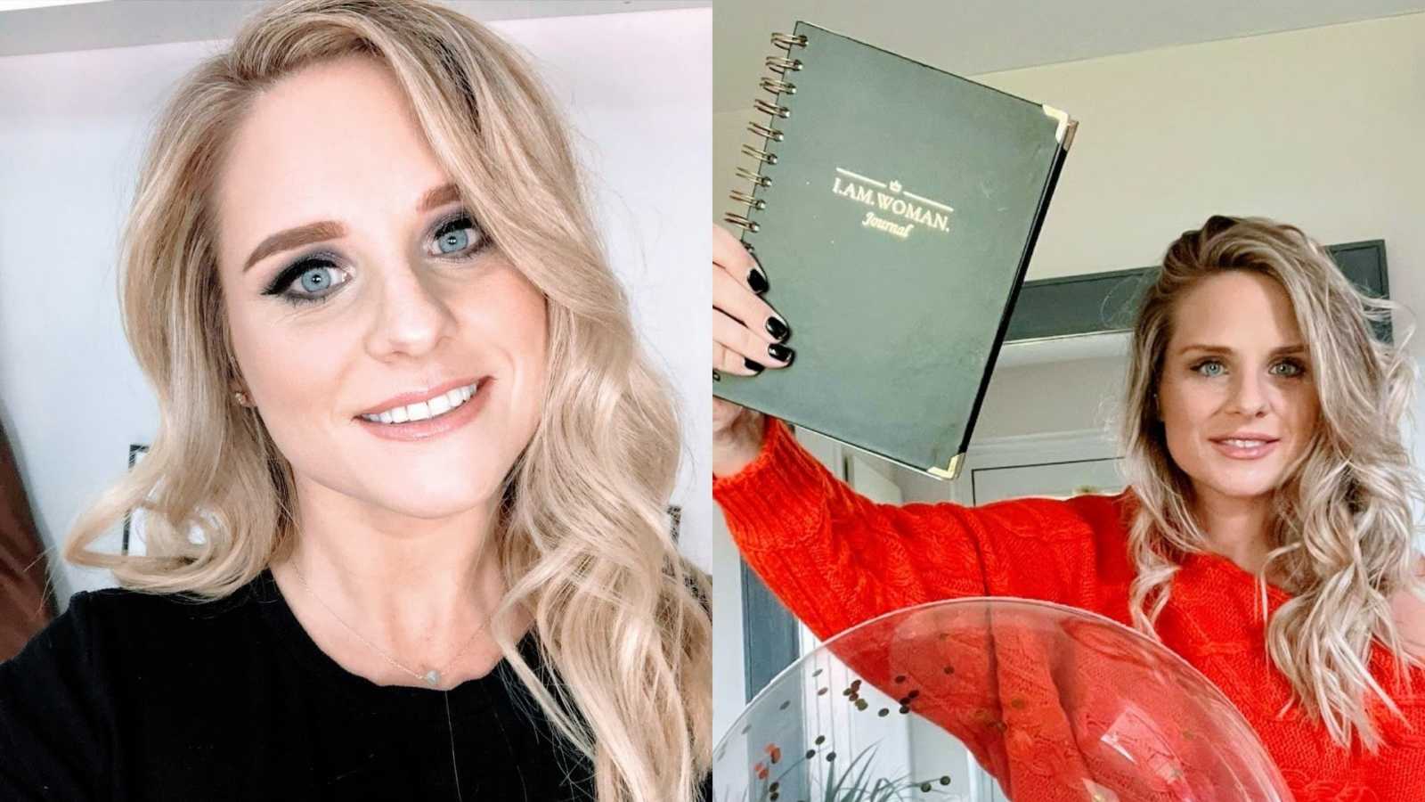 A woman with long blonde hair and a woman in a red shirt holds up a black journal