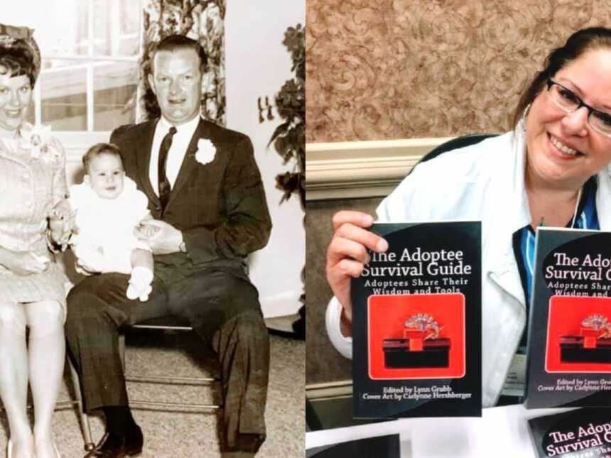 An adoptee with her parents and an adult adoptee holding books