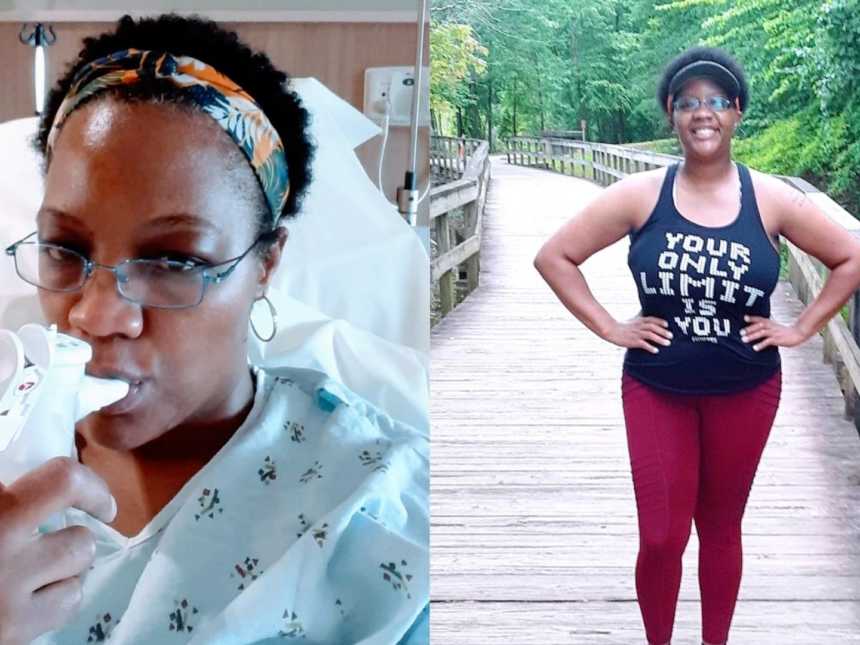 A woman uses an inhaler in a hospital bed and a woman stands on a bridge