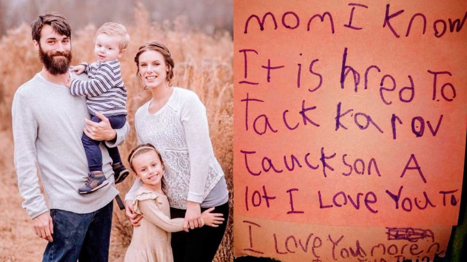 A family with two children stand in a field and a note written in purple ink on a post-it note