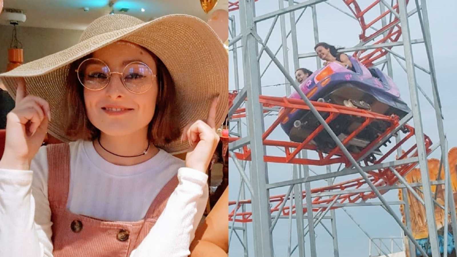 A woman sits at a table wearing overalls and a big sunhat and a woman and her mother ride a rollercoaster together