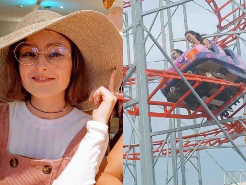 A woman sits at a table wearing overalls and a big sunhat and a woman and her mother ride a rollercoaster together