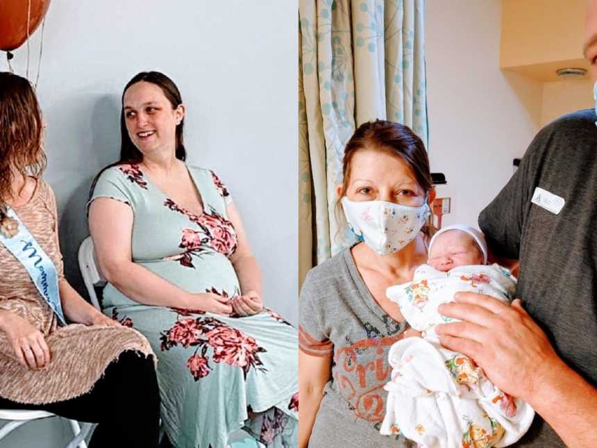 A pair of women sit next to each other at a baby shower and new parents hold their newborn son