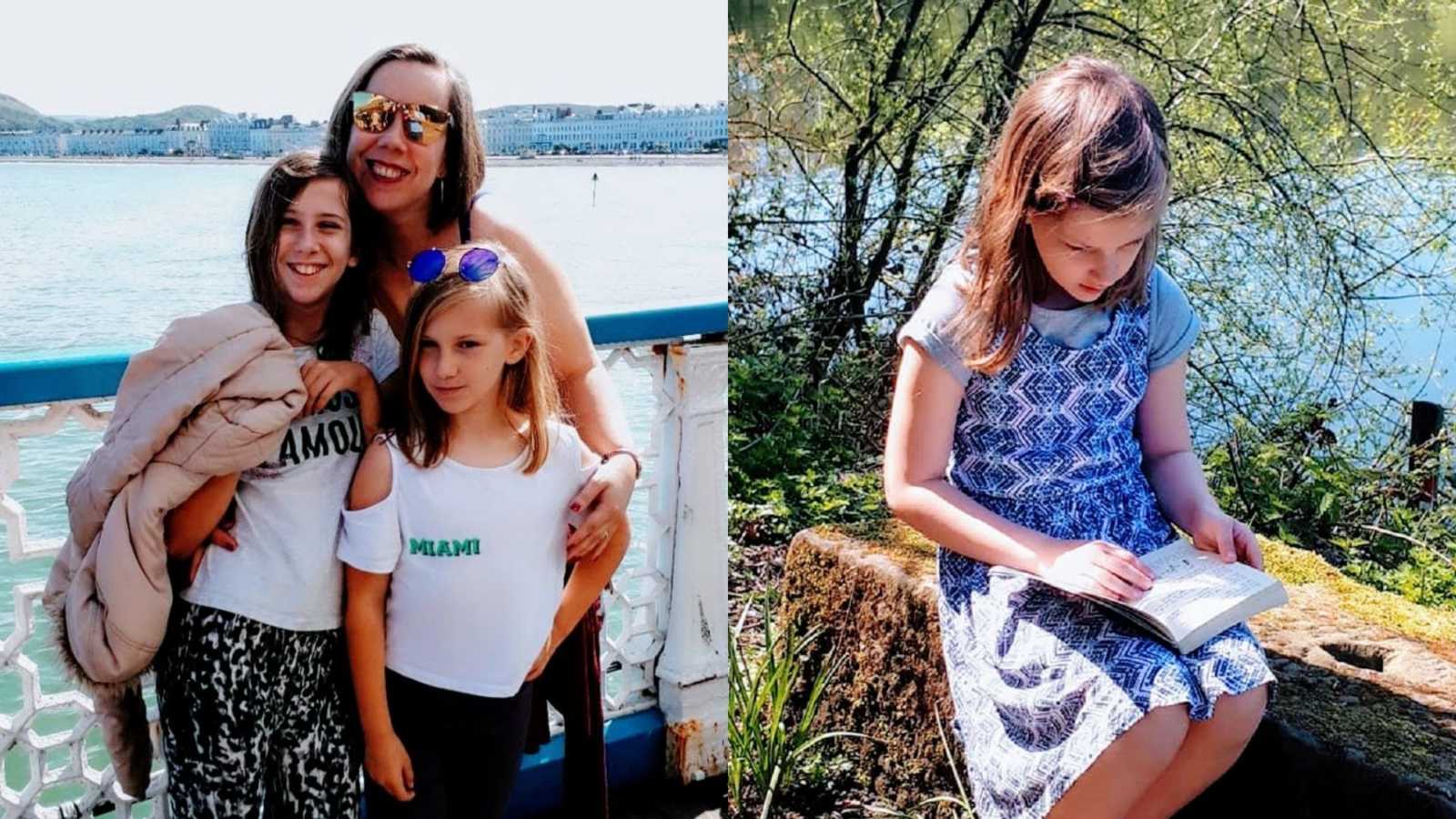 A mother stands with her two children and a girl with autism reads a book outdoors
