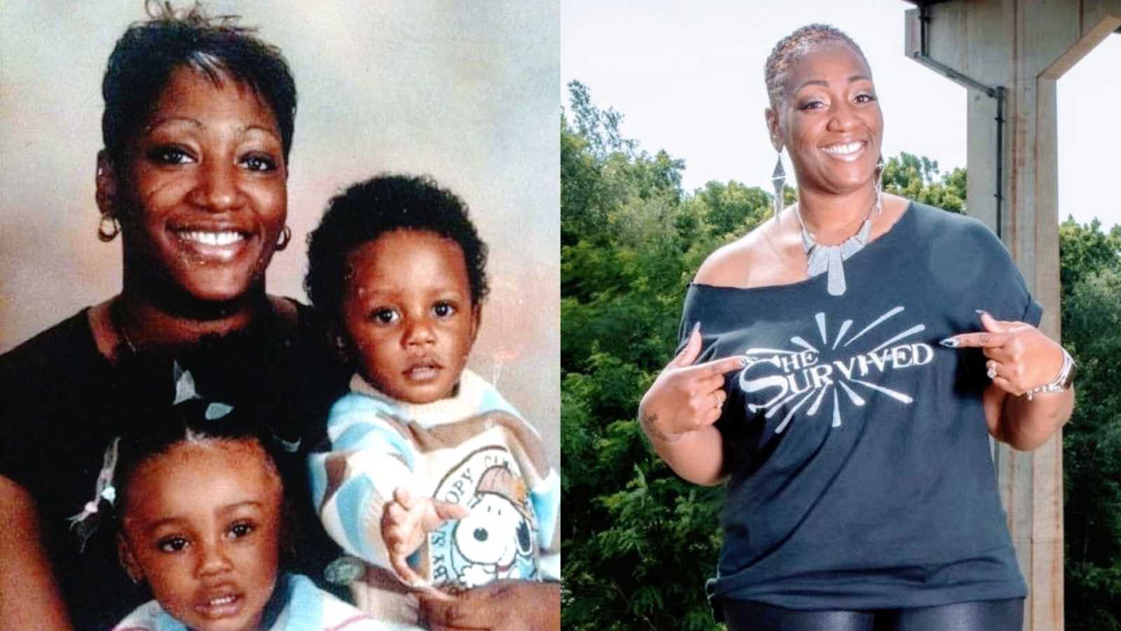 A mother and her two young children and an abuse survivor points to her shirt