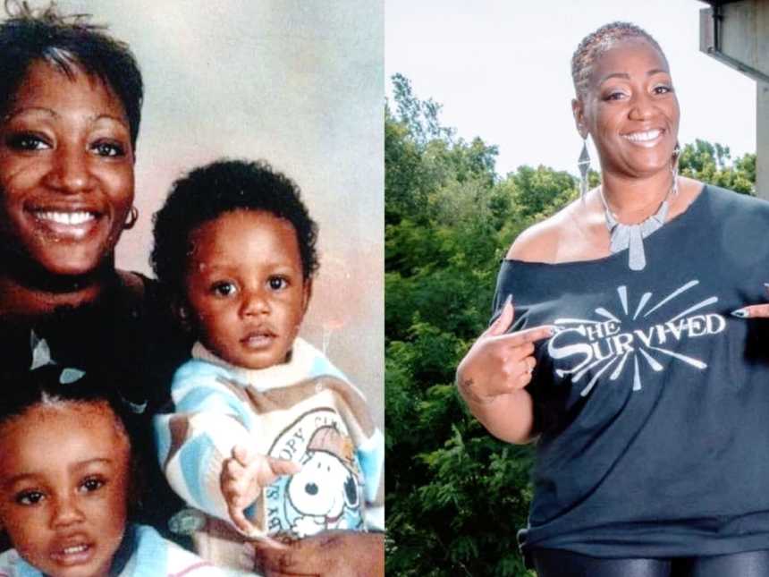 一位母亲和她的两个年幼的孩子，以及一名虐待幸存者指着她的衬衫
