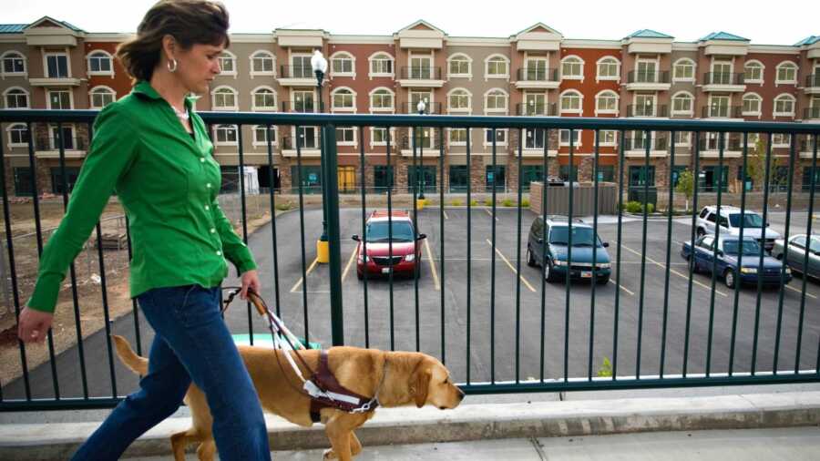 Woman in green long sleeve shirt walking service dog on side walk