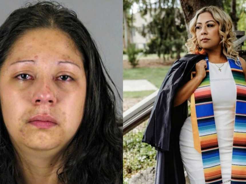 Human trafficking survivor shows one of her many mugshots and her college graduation photos