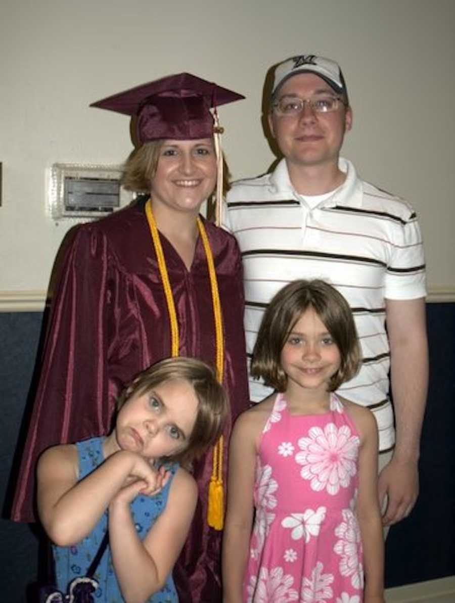 family portrait with mom in graduation cap and gown