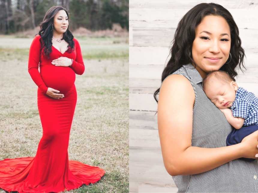 maternity photo of woman in red dress with her hands on her stomach, mom holding her newborn baby