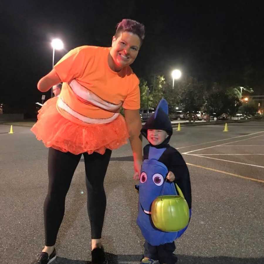 mom with 1 arm and son in Halloween costumes