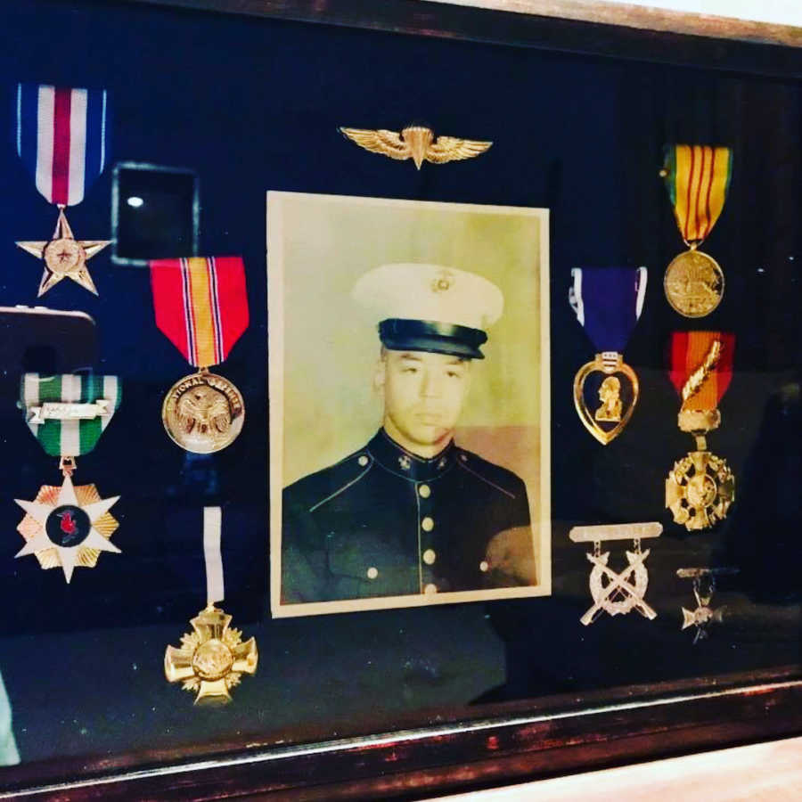 medals in a glass case