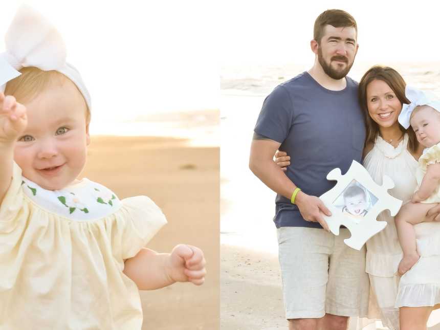 baby holding out hands, family photo on the beach