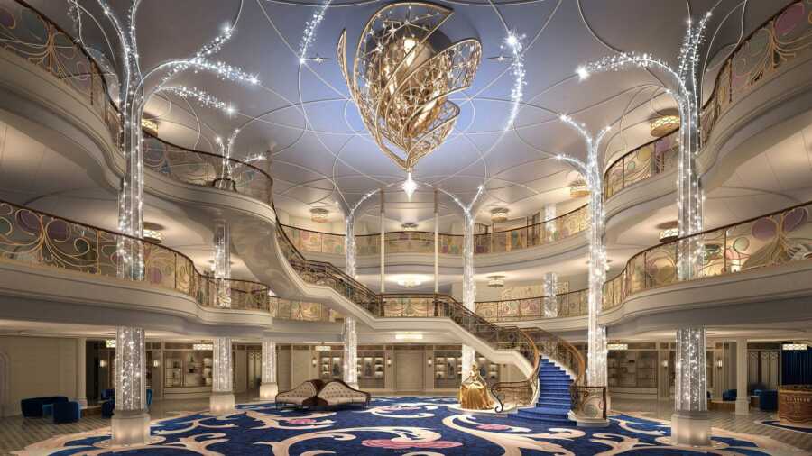 First look inside the enchanted Disney Wish cruise ship with a golden statue of Cinderella